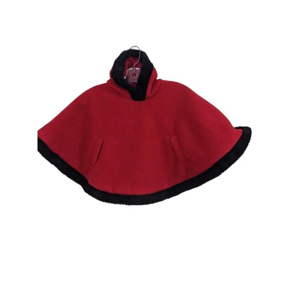 Girls 4T Vintage 90s Hooded Cape Poncho Red Fleece Faux Fur Trim Armholes Warm